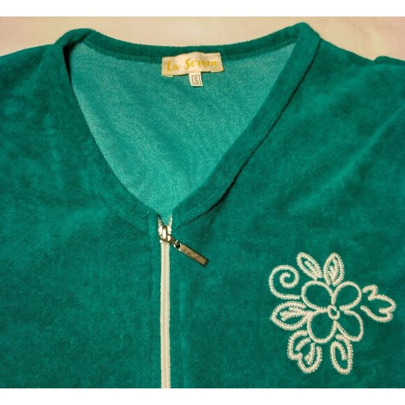 Vintage La Serren Swim Cover Up House Dress Women Small Jade Green Zip Flower - Picture 6 of 7